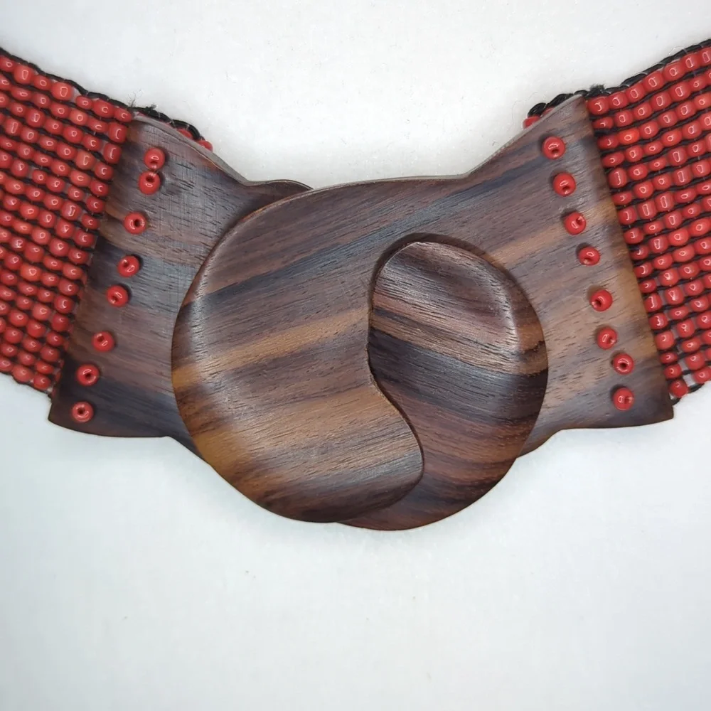 Vtg Glass Bead Wood Stretchy Elastic Belt Burnt Orange‎ Belt Women OS Bohemian